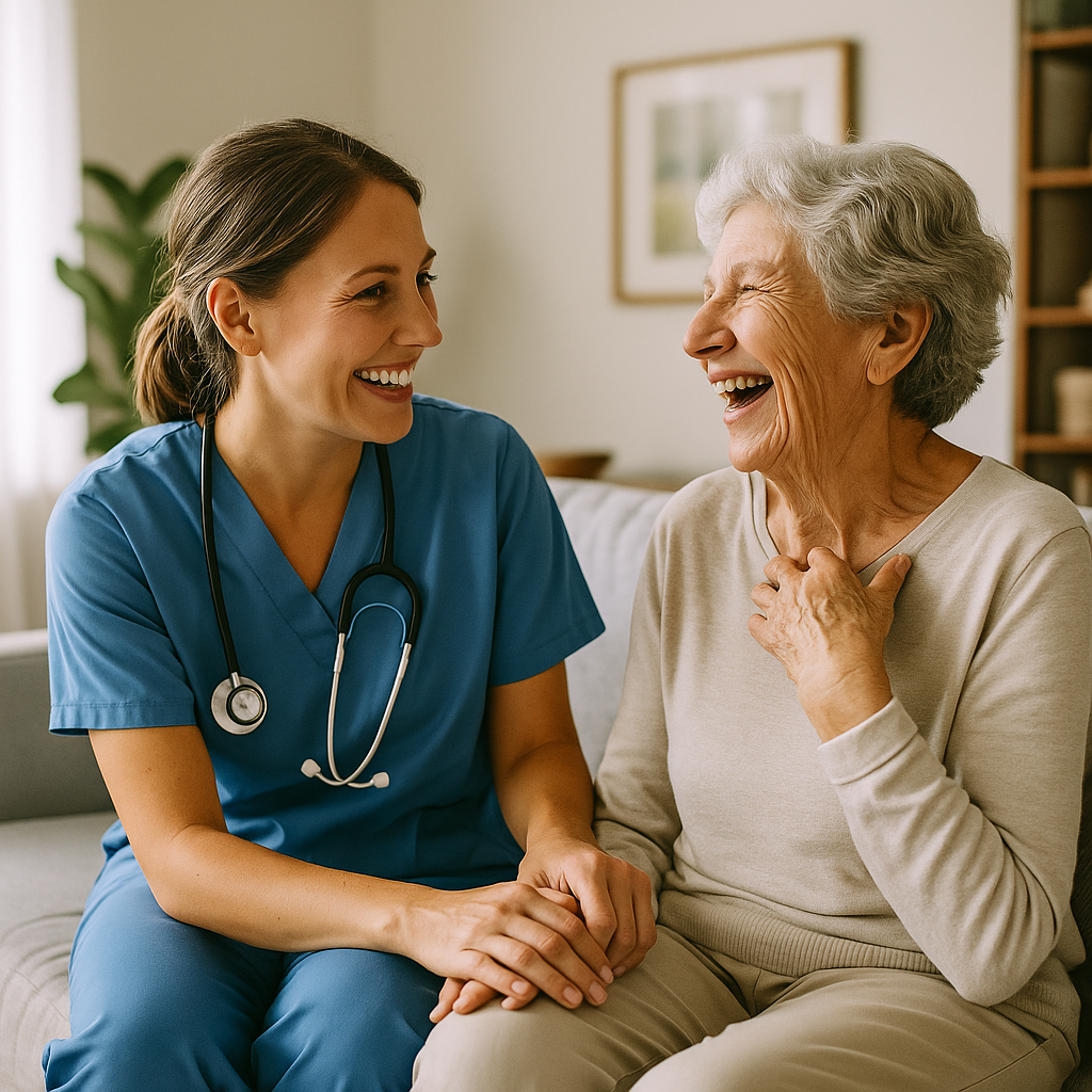 Spitex-Pflegerin im vertrauensvollen Gespräch mit älterer Patientin